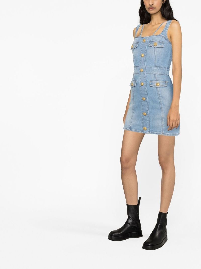 Blue Button-embellished Denim Mini Dress