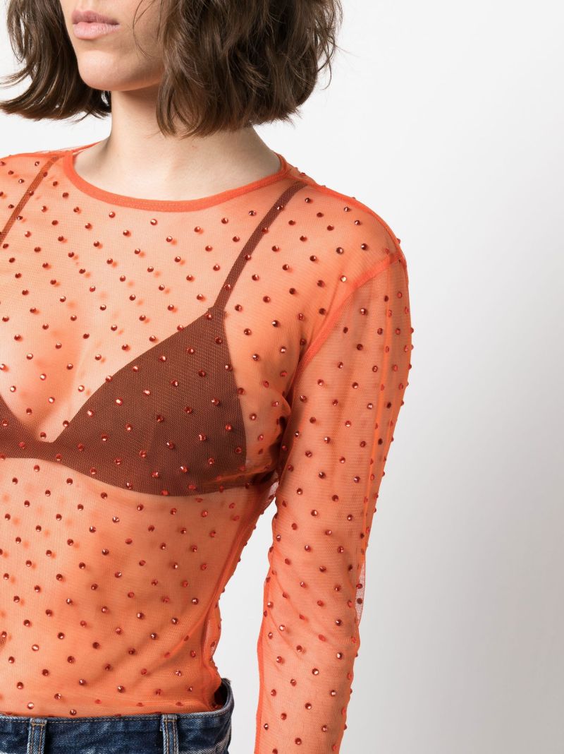 Orange Crystal Embellished Sheer Top
