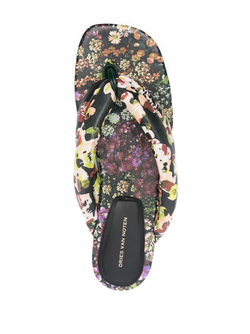 Black Floral Print Leather Sandals