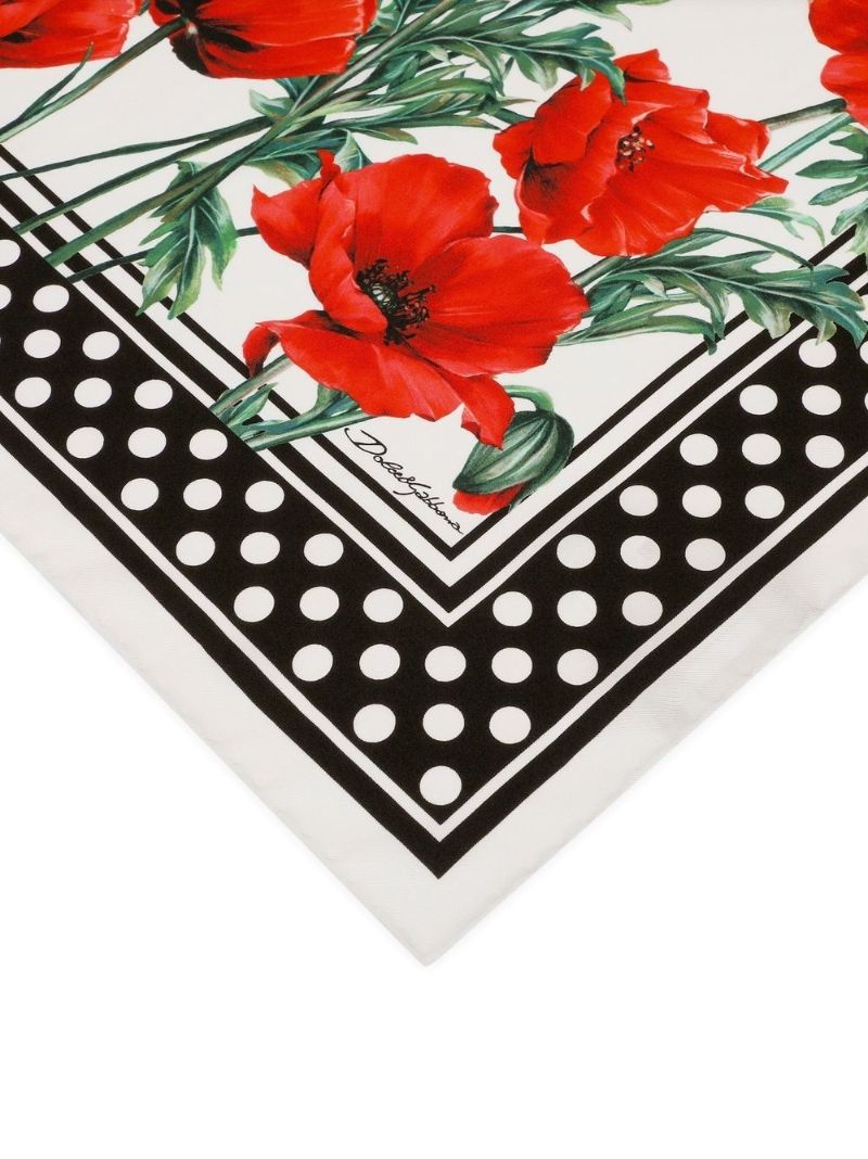 White Poppy Polka Dot Print Silk Scarf