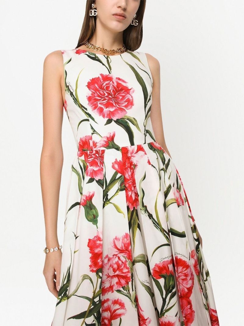 White Carnation Print Sleeveless Dress