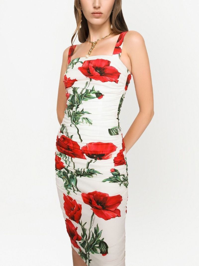 White Floral Print Midi Dress