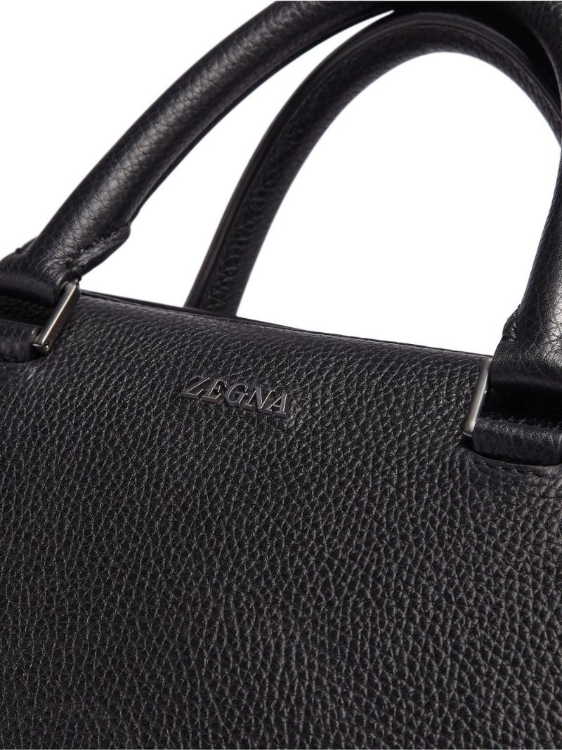 Black Logo Grained Leather Messenger Bag
