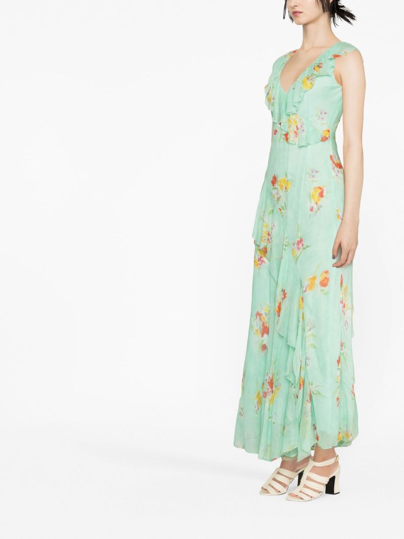 Green Floral Print Ruffled Maxi Dress