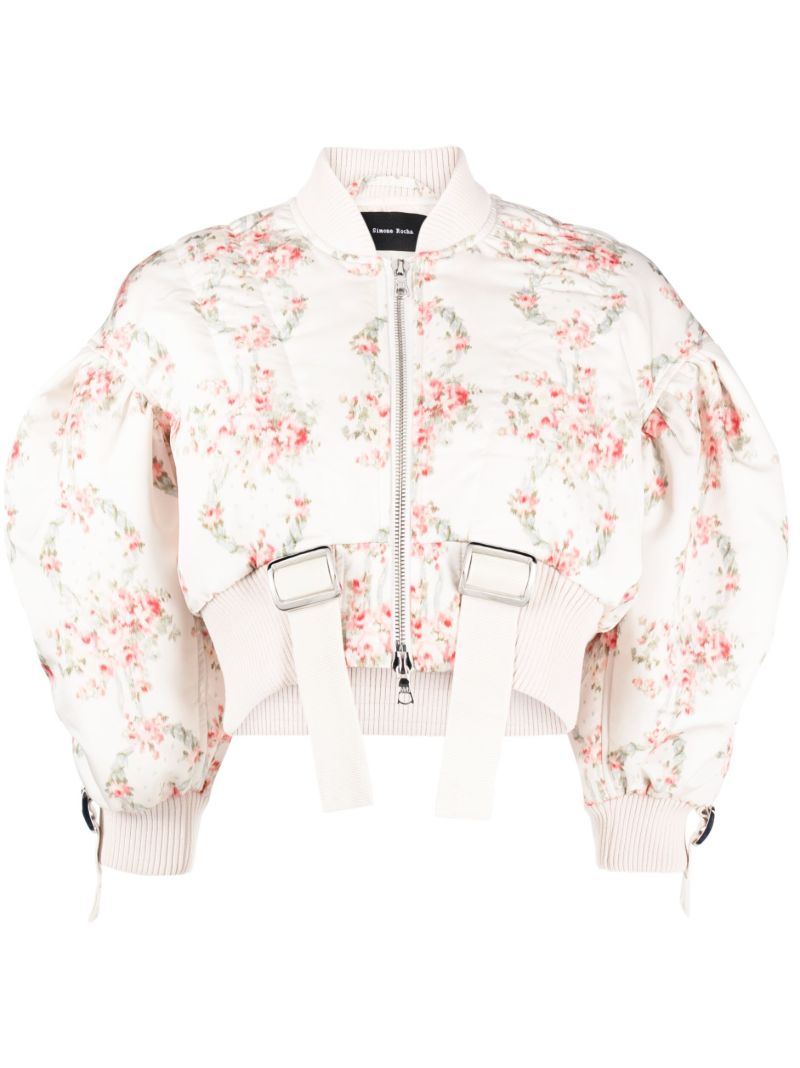 White Floral-print Cropped Bomber Jacket