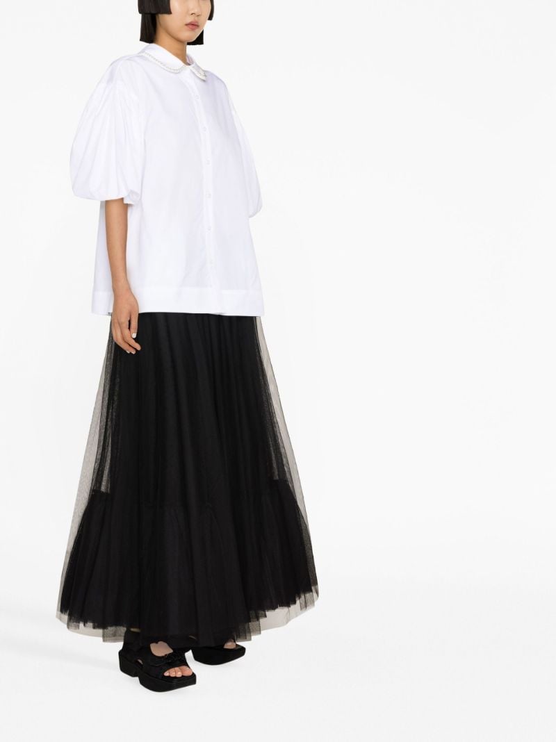 White Pearl Embellished Puff Sleeve Shirt