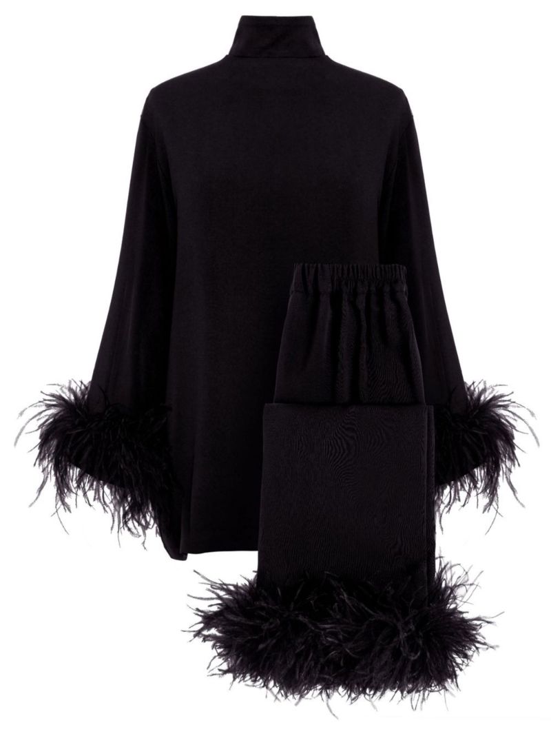 Black Black Tie Feather-trim Pyjamas