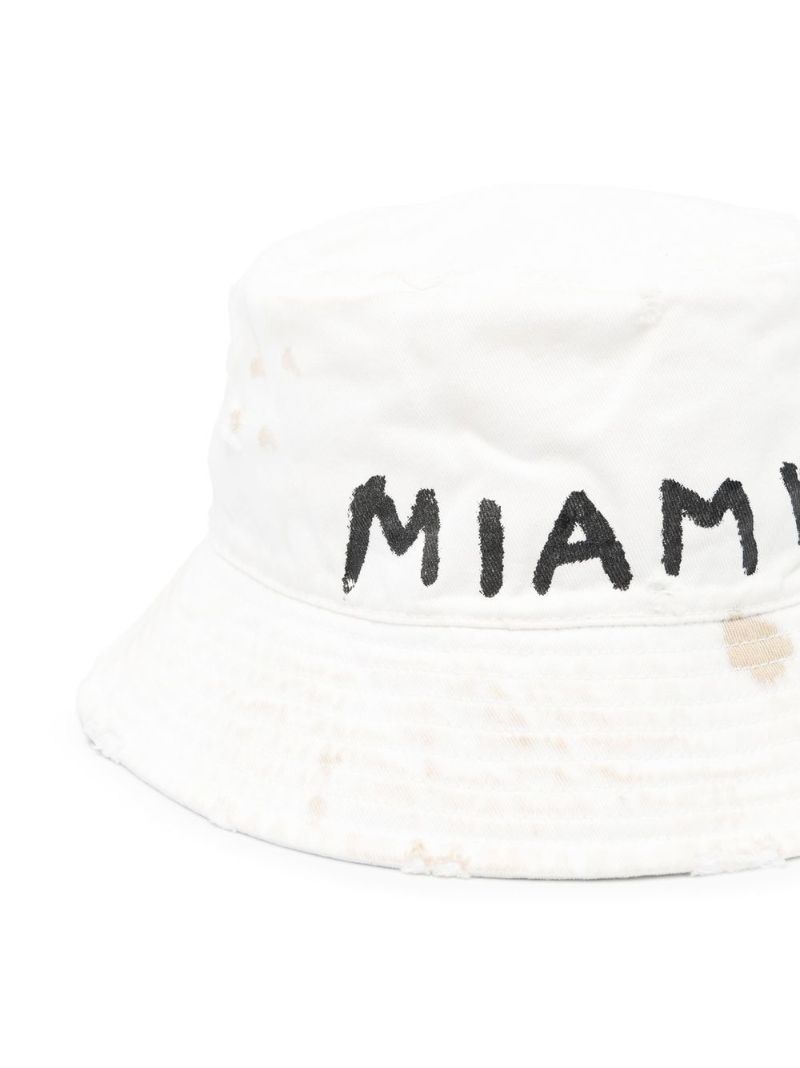 White Logo Print Distressed Effect Bucket Hat