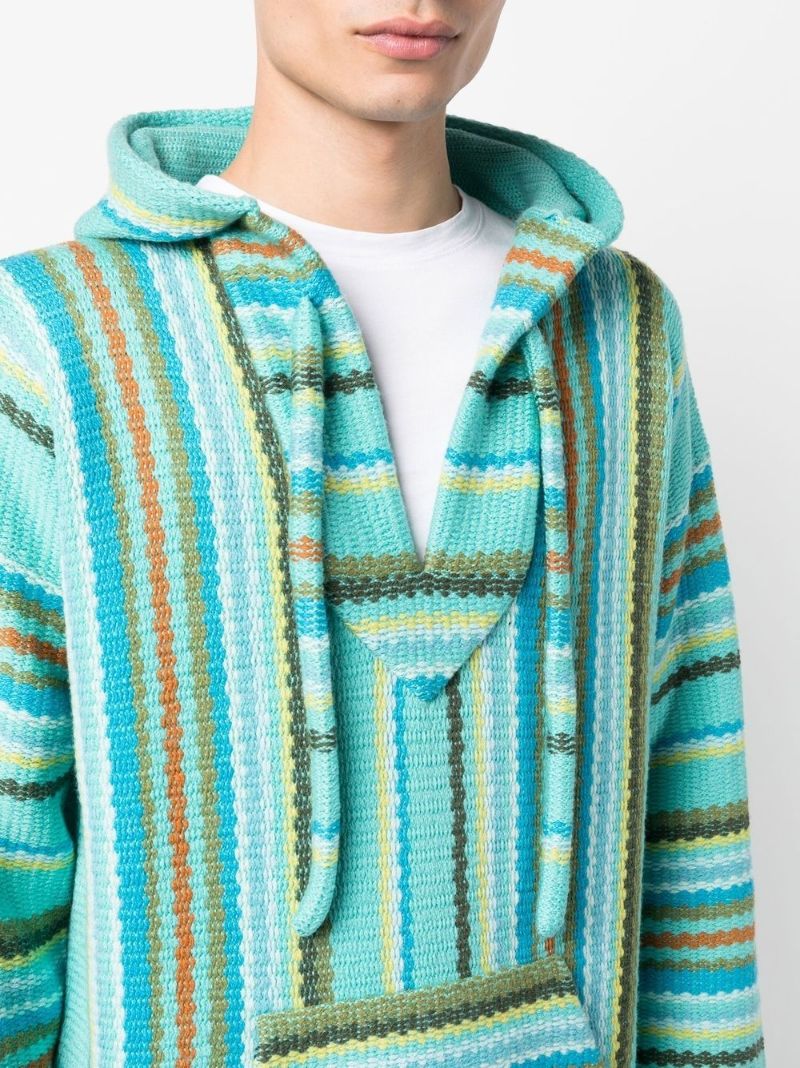 Blue Vertical Stripe Knitted Drawstring Hoodie