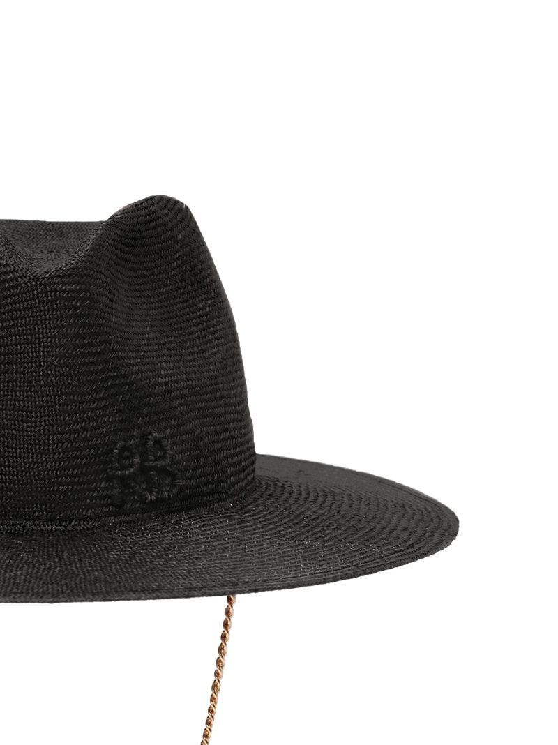 Black Chain-detail Straw Fedora Hat