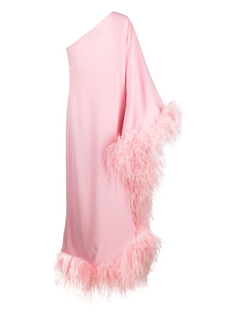 Pink Ubud Feather-trim One-shoulder Dress