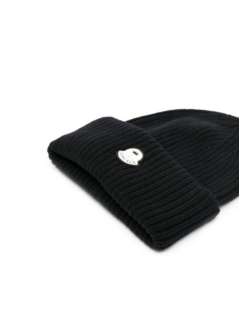 Black Logo-patch Ribbed-knit Beanie