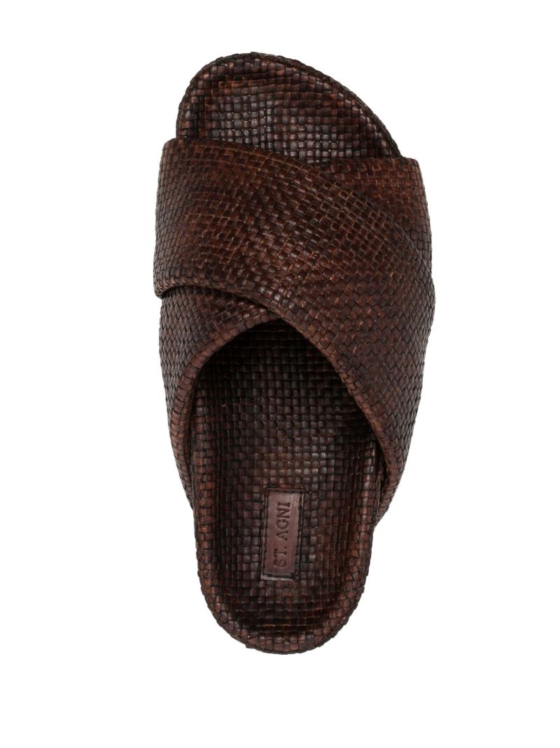 Brown Woven Leather Flatform Slides