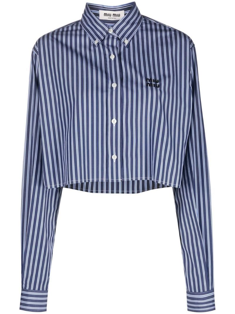 Blue Striped Cotton Cropped Shirt