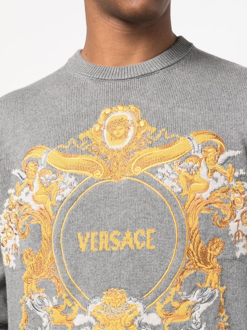 Grey Baroque Intarsia Embroidered Sweater