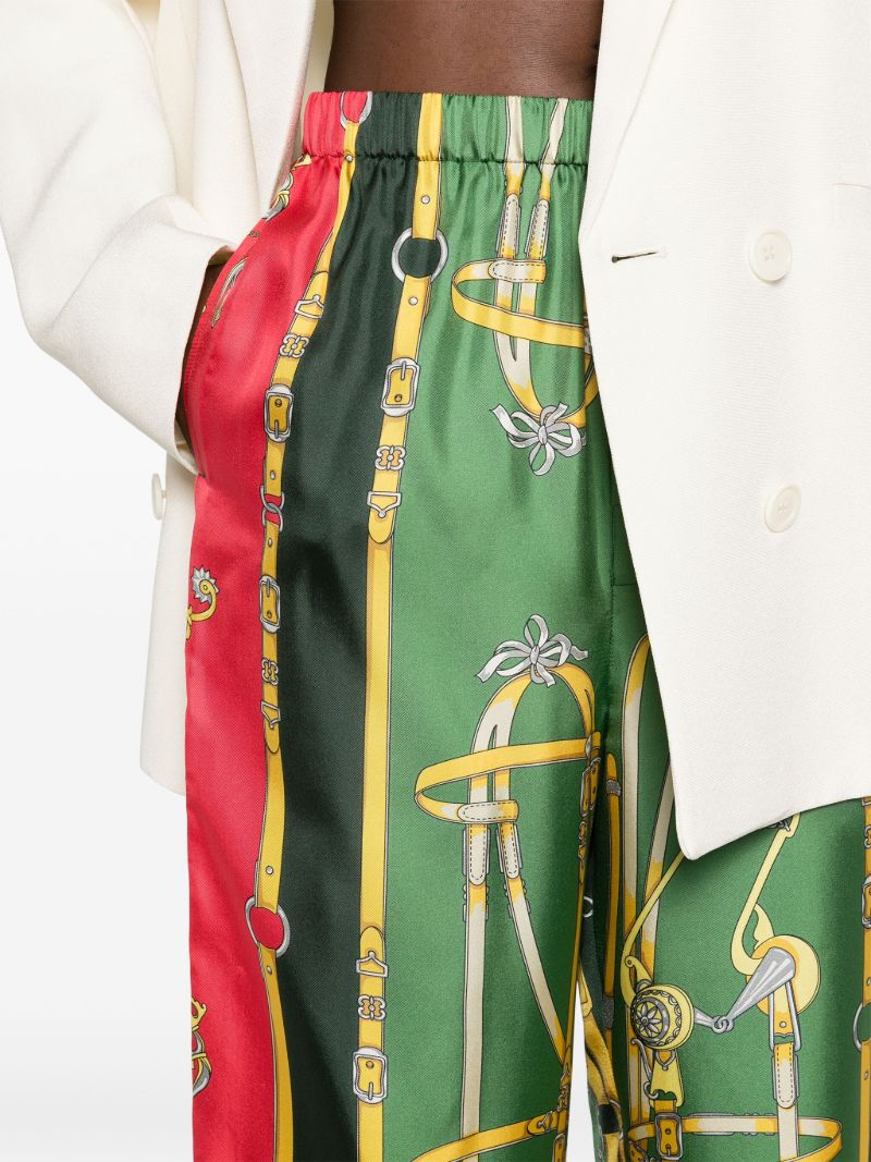 Green Harness-print Straight-leg Silk Trousers