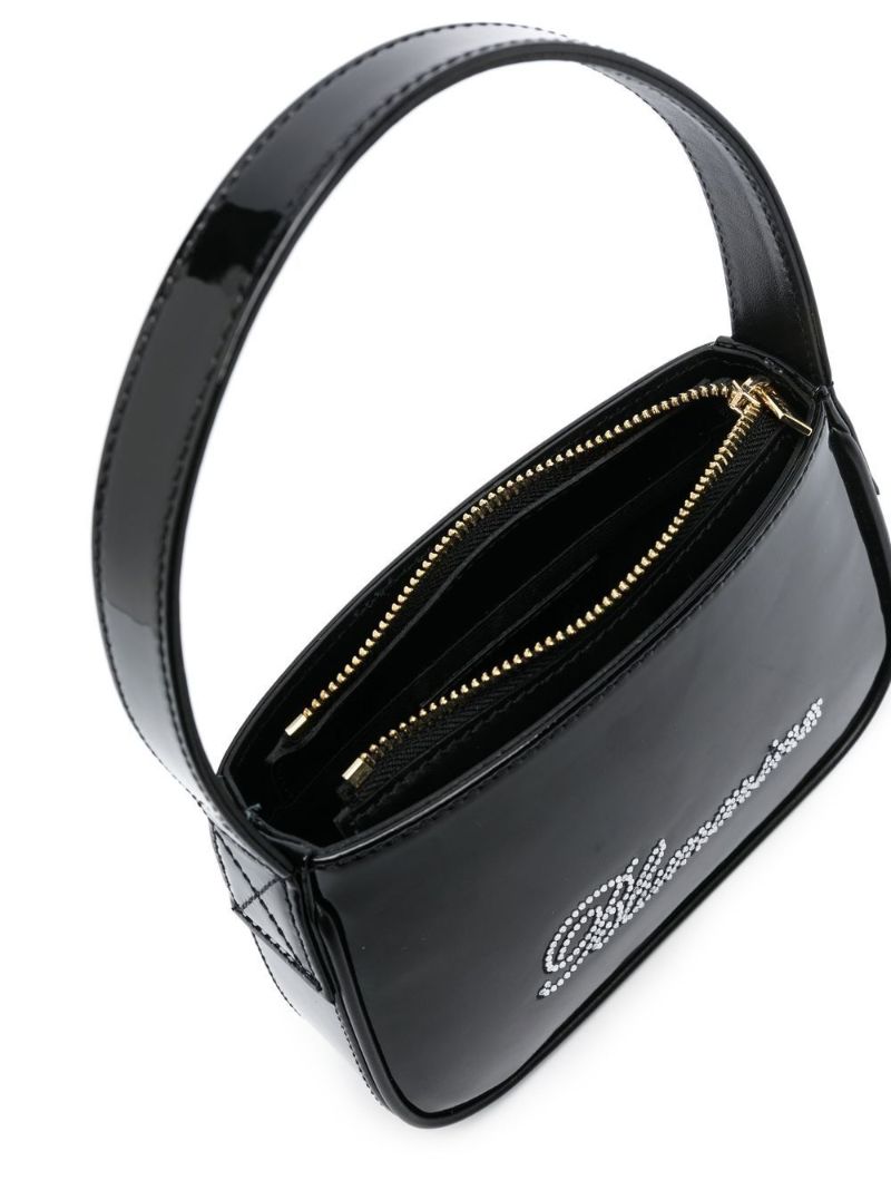 Black Crystal Logo Patent Leather Shoulder Bag