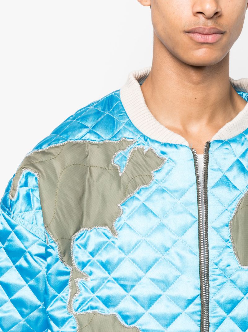 Blue Global Grid Quilted Bomber Jacket