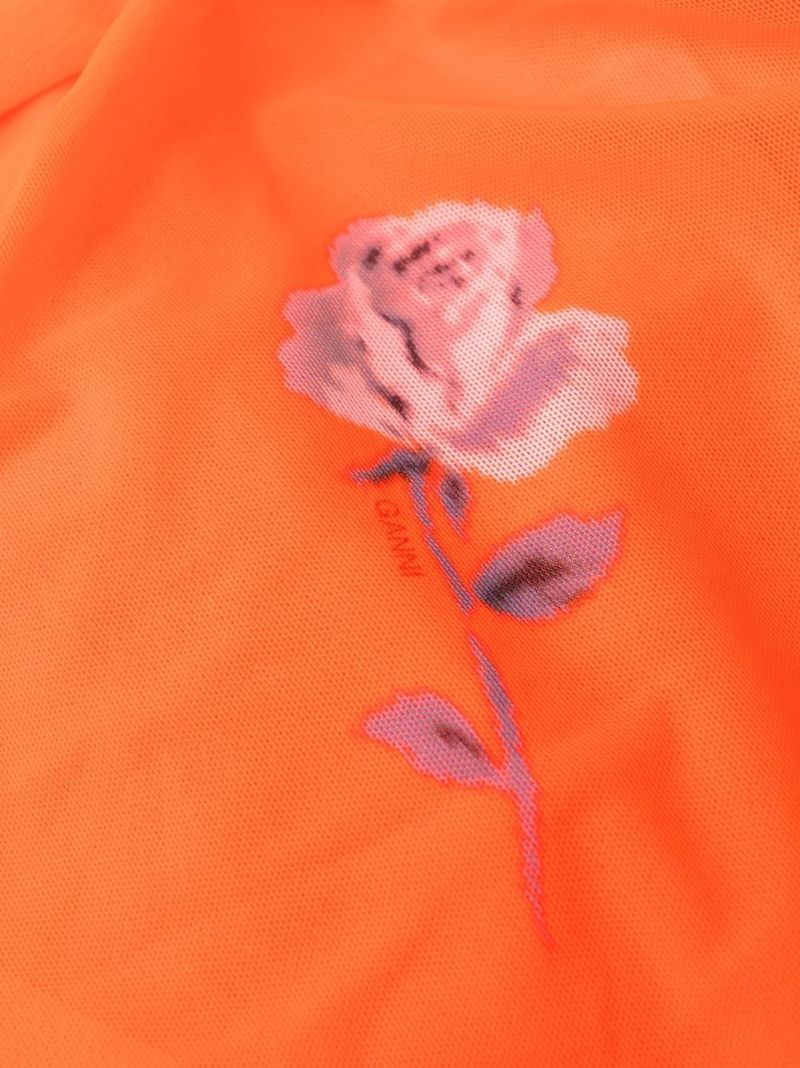 Orange Floral Print Ruched Midi Dress