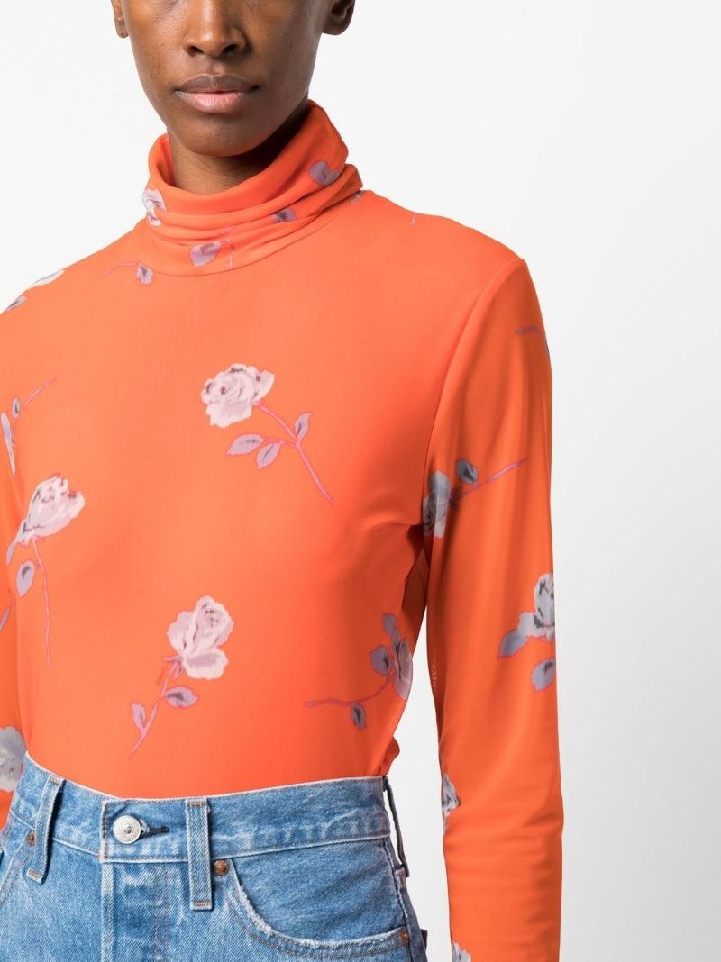 Orange Floral Print Roll-neck Top