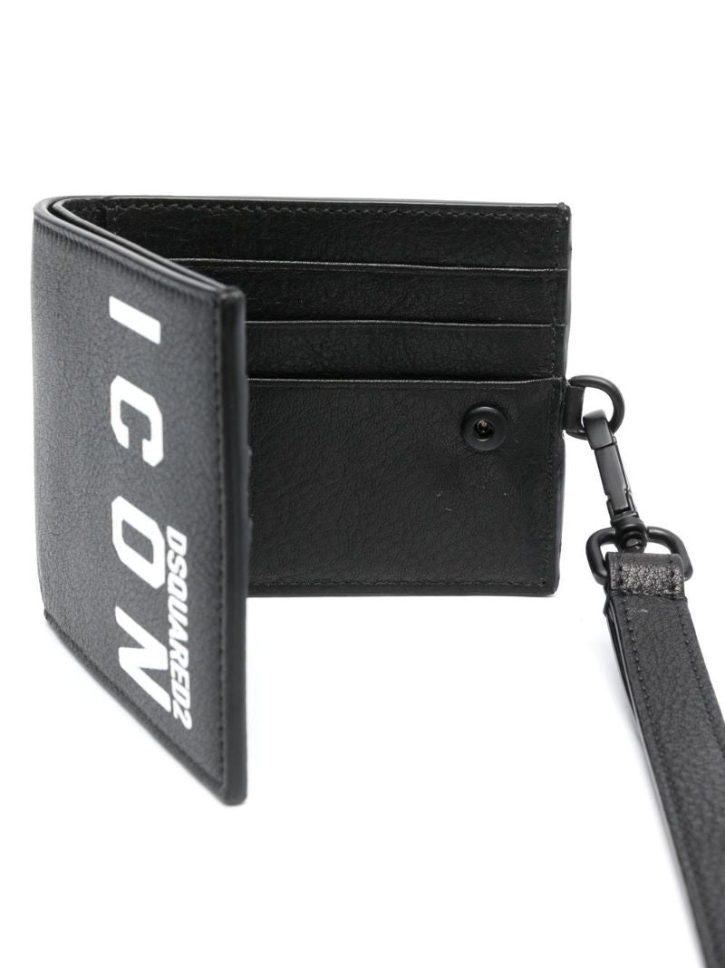 Black Logo Print Leather Bi-fold Wallet