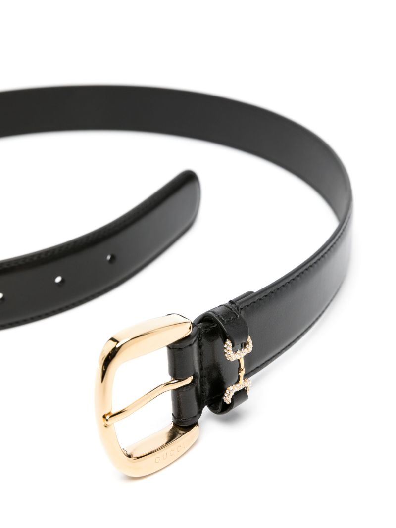 Black Crystal Horsebit Leather Belt