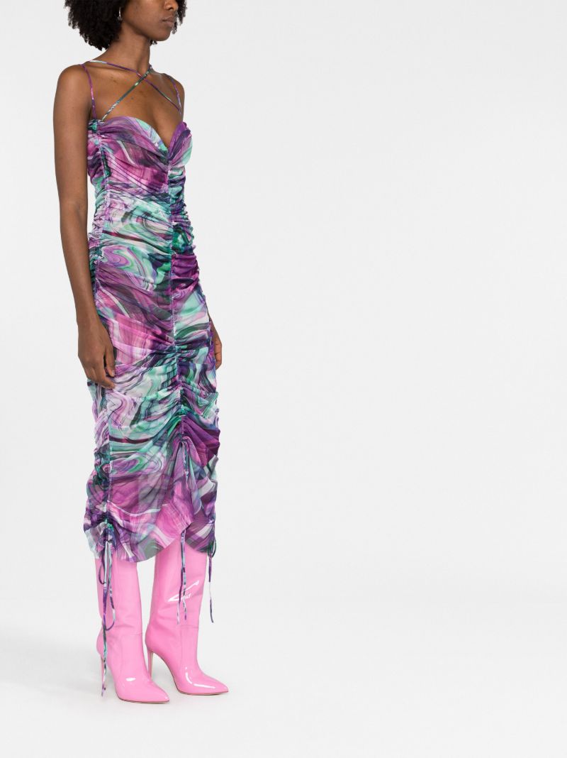 Purple Abstract Print Ruched Midi Dress