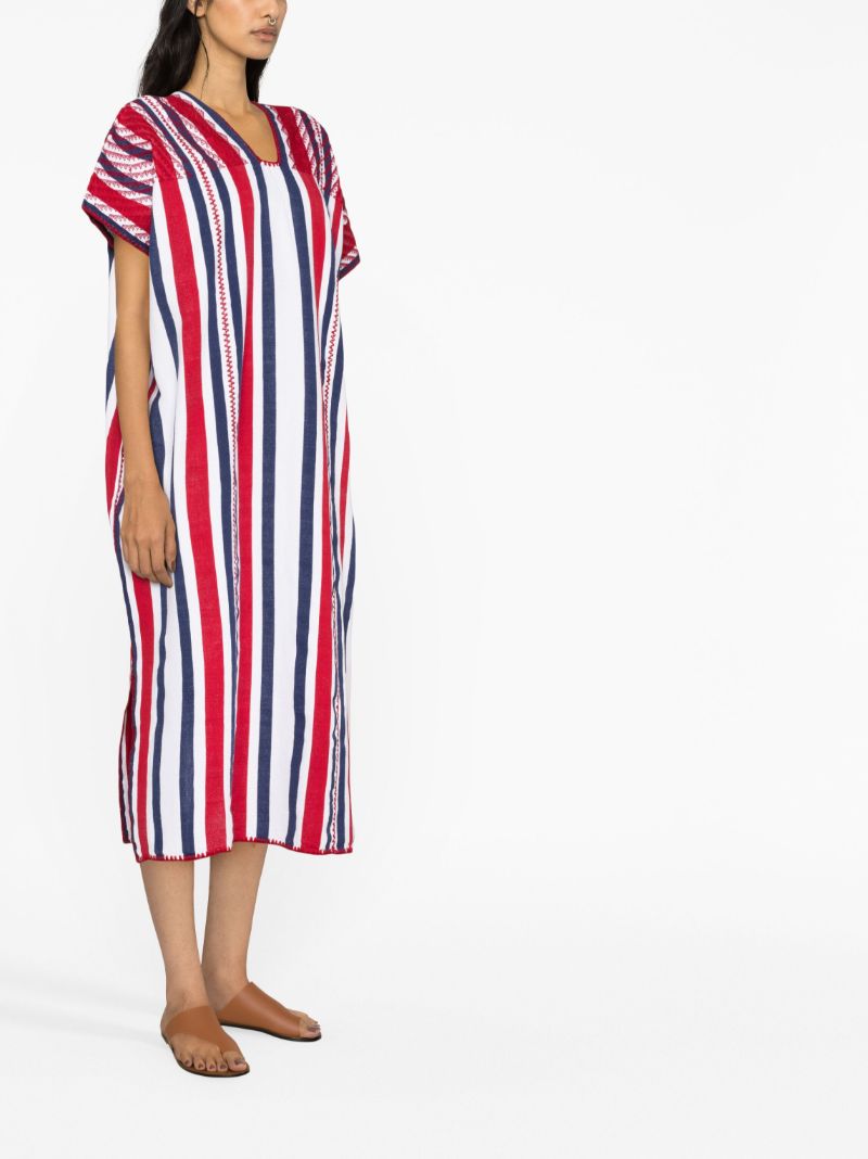 White Striped Embroidered Kaftan Midi Dress