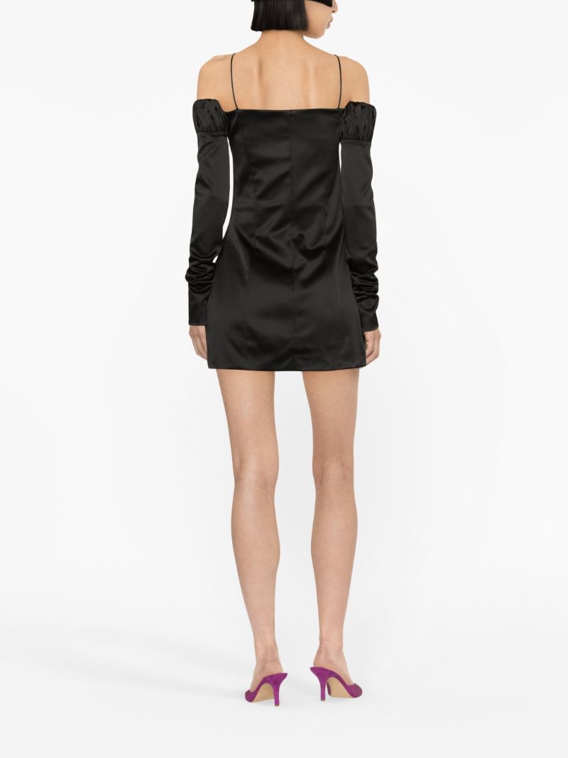 Black Lotus Ruched Satin Mini Dress