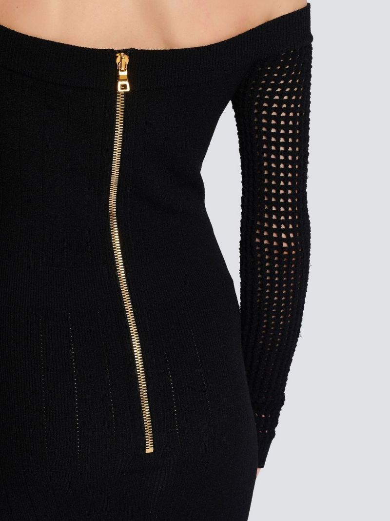 Black Off-the-shoulder Mesh Knit Mini Dress