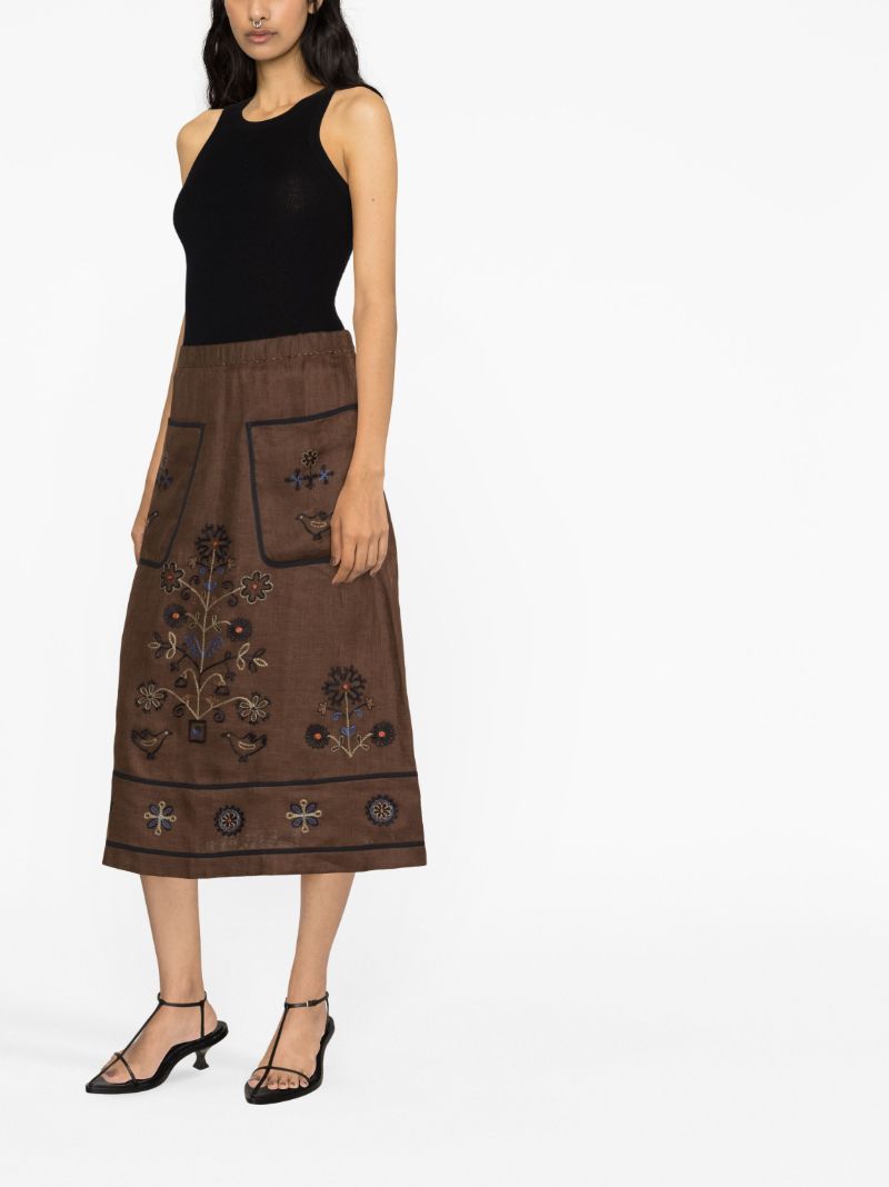 Brown Misha Embroidered Linen Midi Skirt