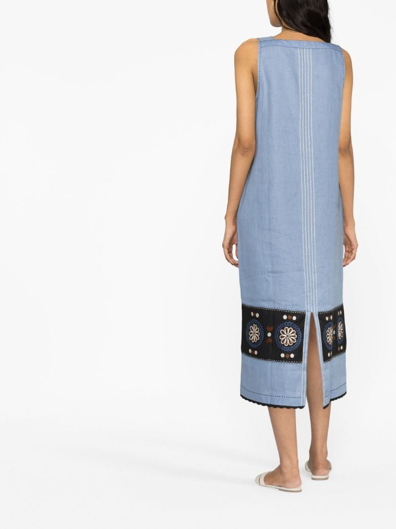 Blue Floral-embroidered Linen Dress