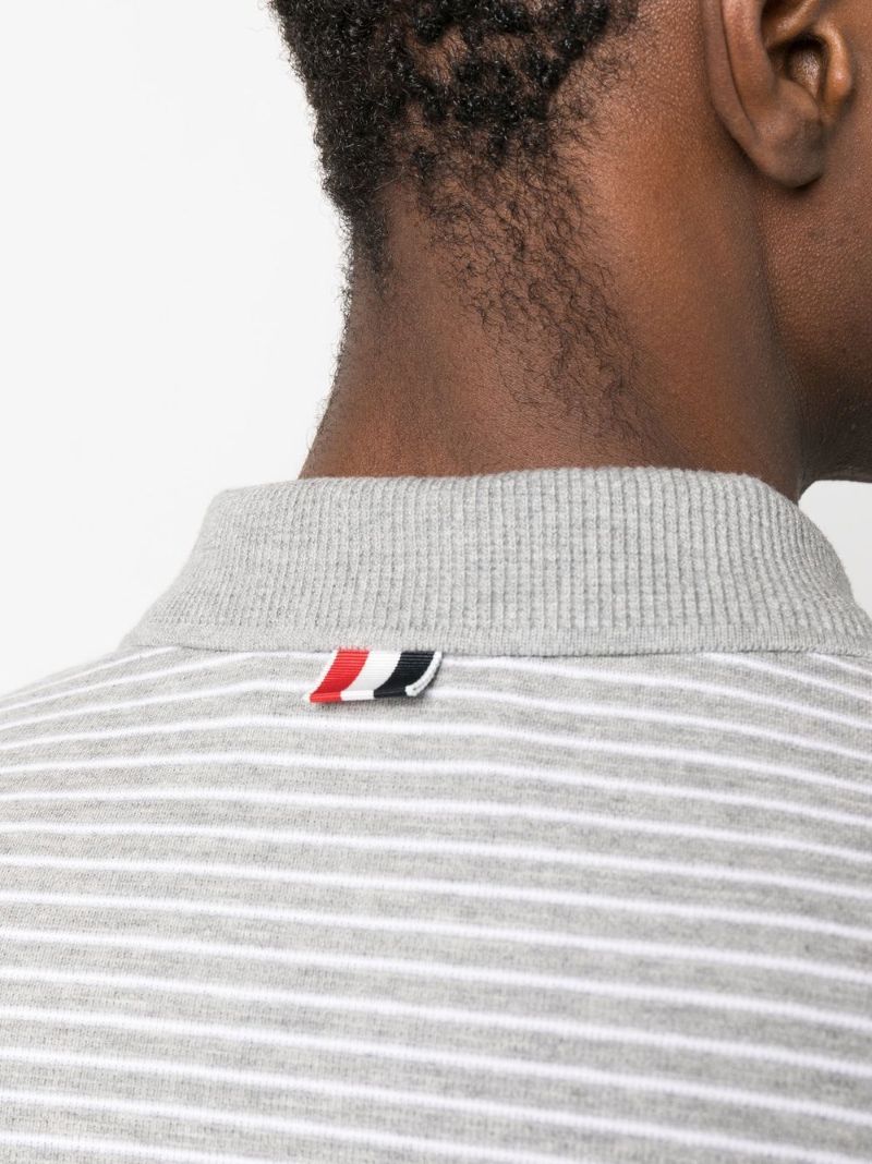 Grey Striped Cotton Polo Shirt
