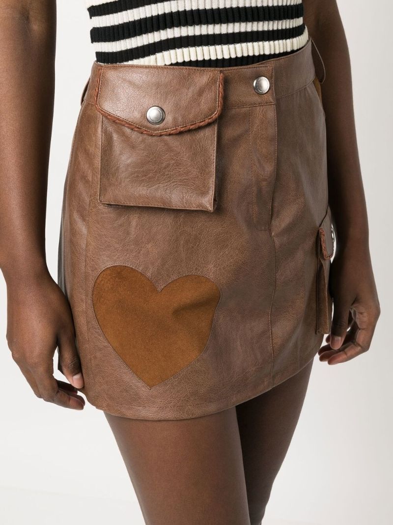 Brown Heart Patch Faux Leather Skirt