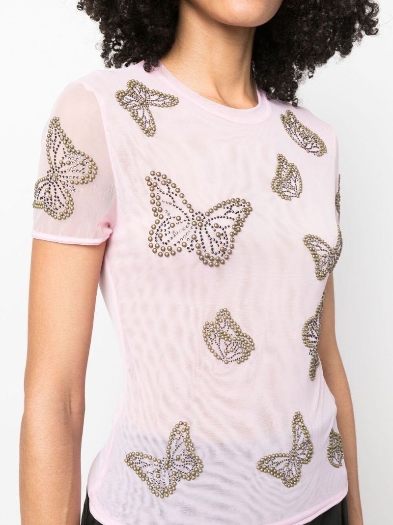 Pink Butterfly-studded Semi-sheer T-shirt