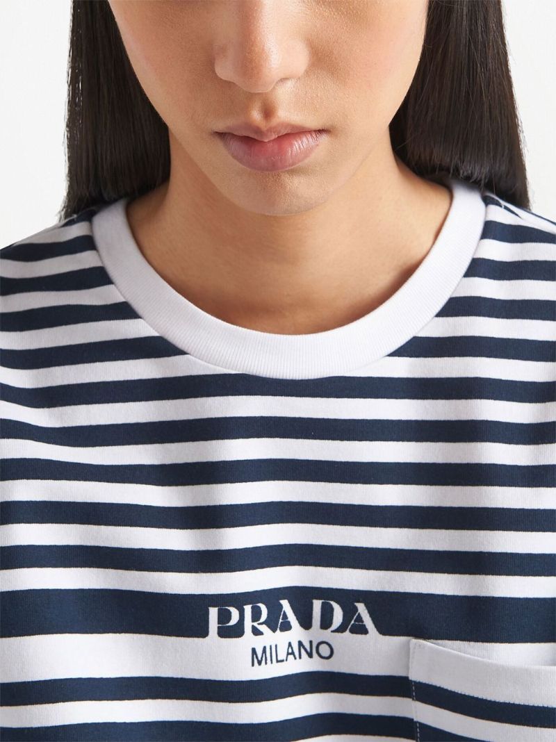 Blue and White Striped Logo Print Top