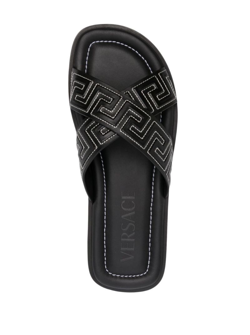 Black Greca Leather Slides