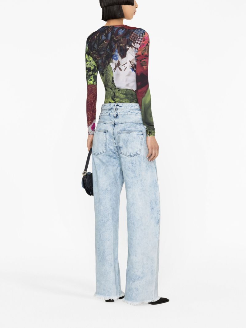Blue Double-waist Wide-leg Jeans