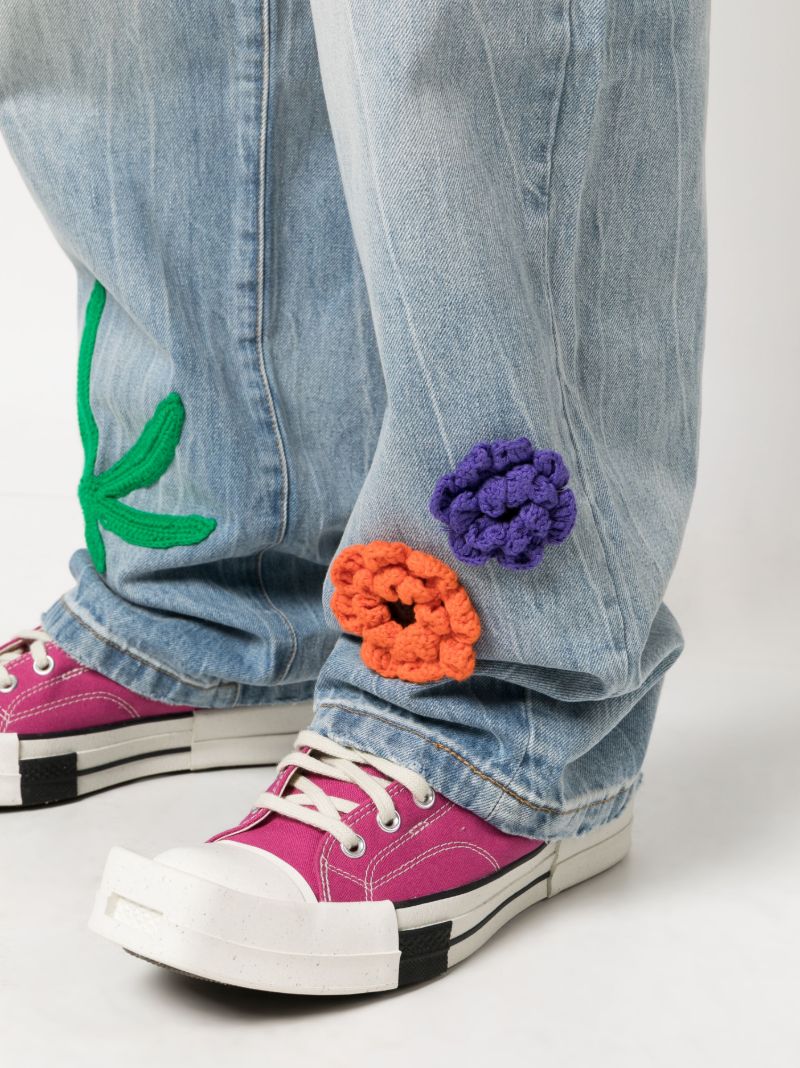 Blue Knit Patches Wide-leg Jeans