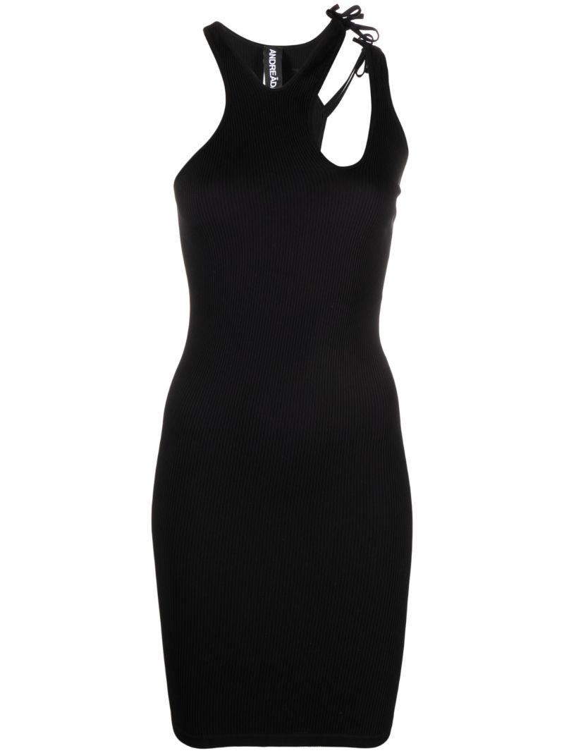 Black Ribbed Asymmetric Sleeveless Dress
