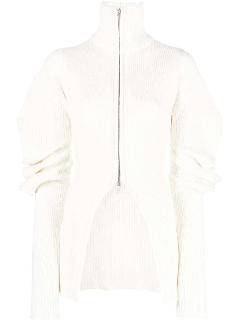 White Gathered-sleeve Ribbed-knit Cardigan