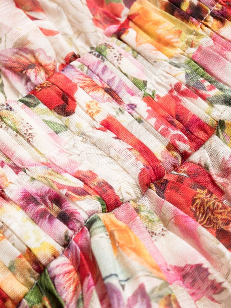 Beige Poppy Print V-neck Flared Dress