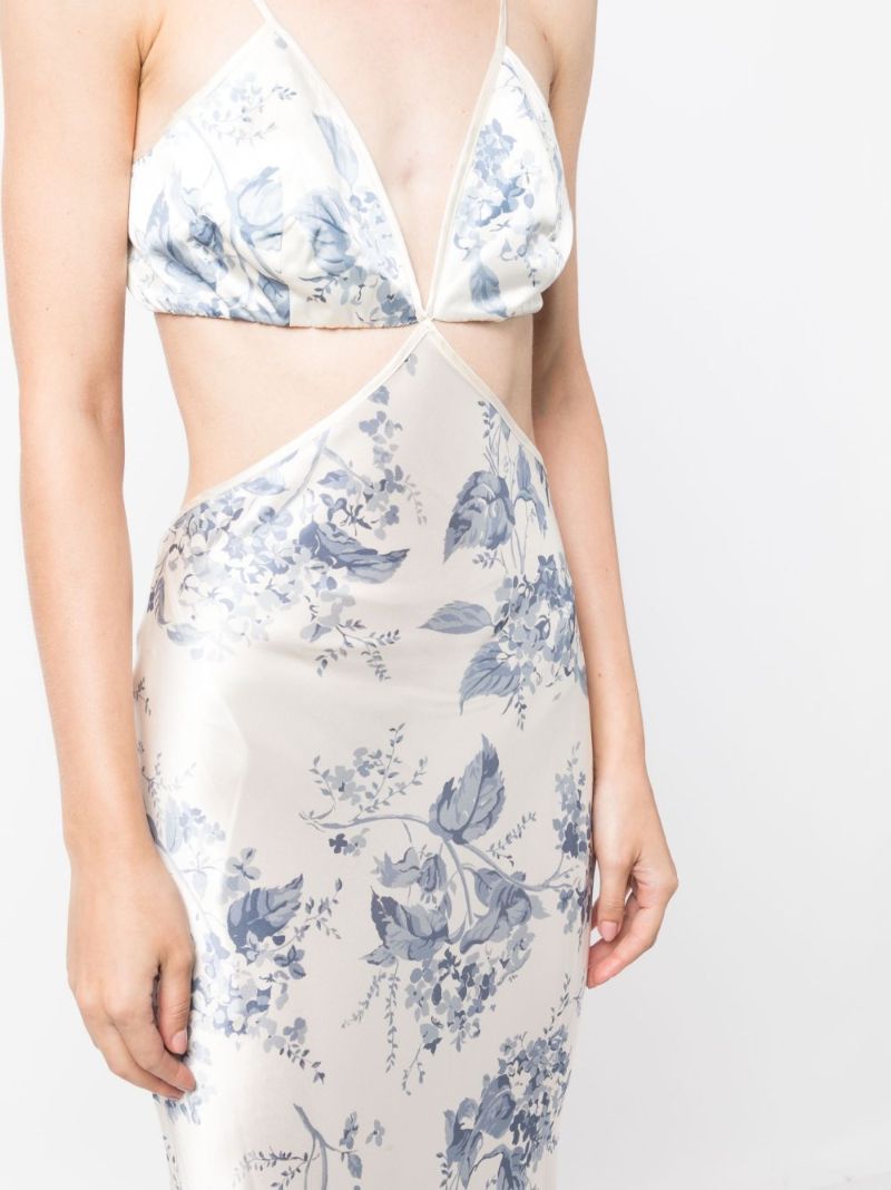 White Poppies Floral Print Silk Dress