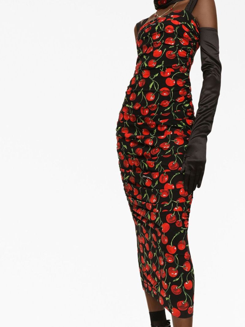 Black Cherry Print Fitted Midi Dress