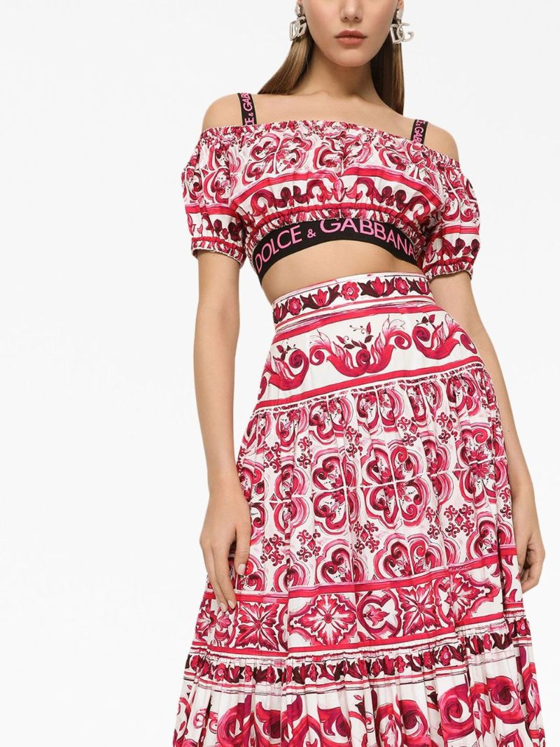 White Majolica Print Cropped Blouse