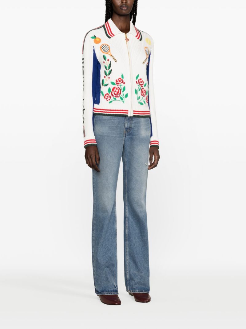 White Laurel Intarsia-knit Cardigan