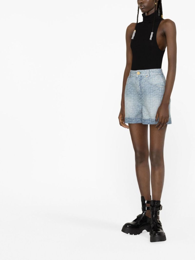 Blue Monogram Print Denim Shorts