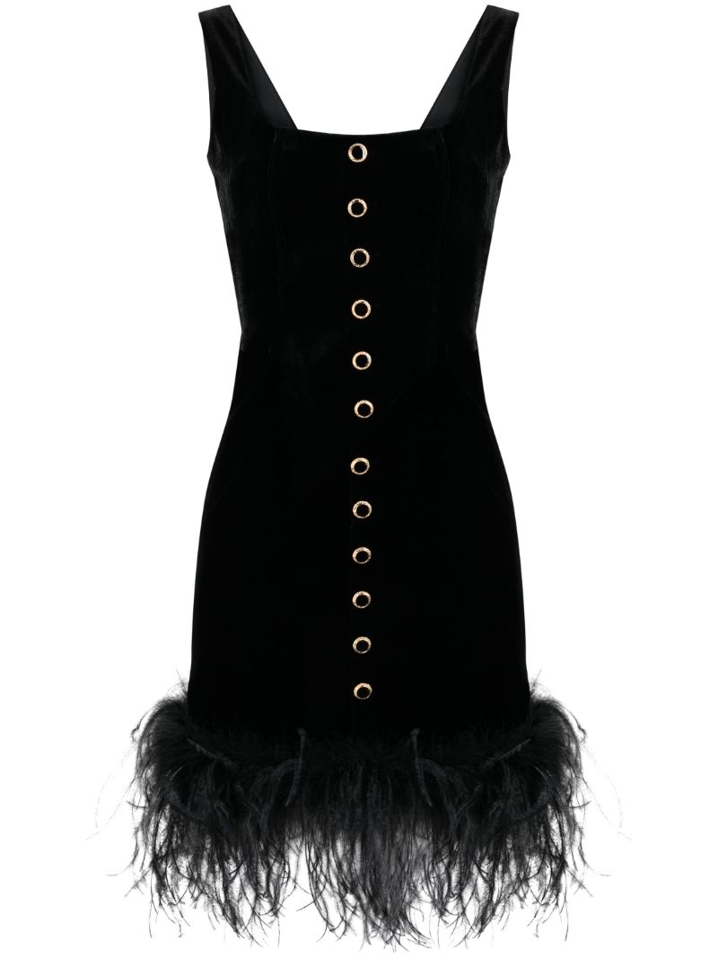 Black Feather Trim Velvet Mini Dress
