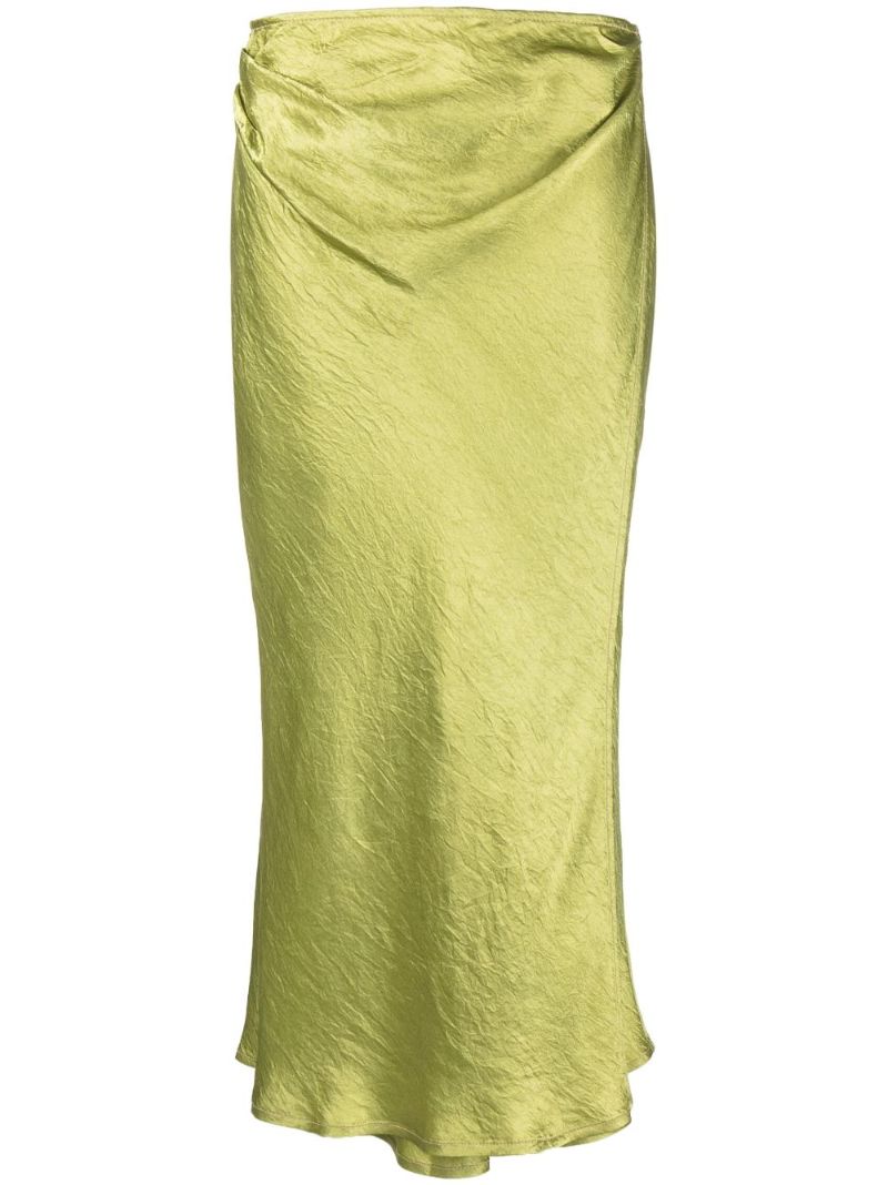 Green Crinkled Satin Wrap Midi Skirt