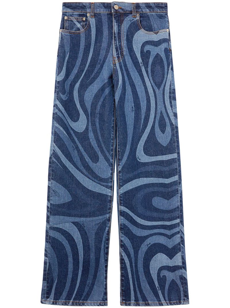 Blue Abstract Print Wide Leg Jeans